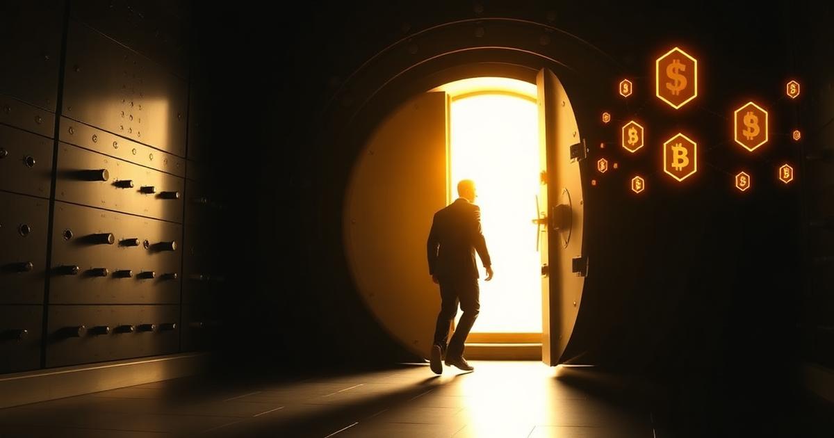 Businessman walking through unlocked bank vault door into golden light with digital payment symbols