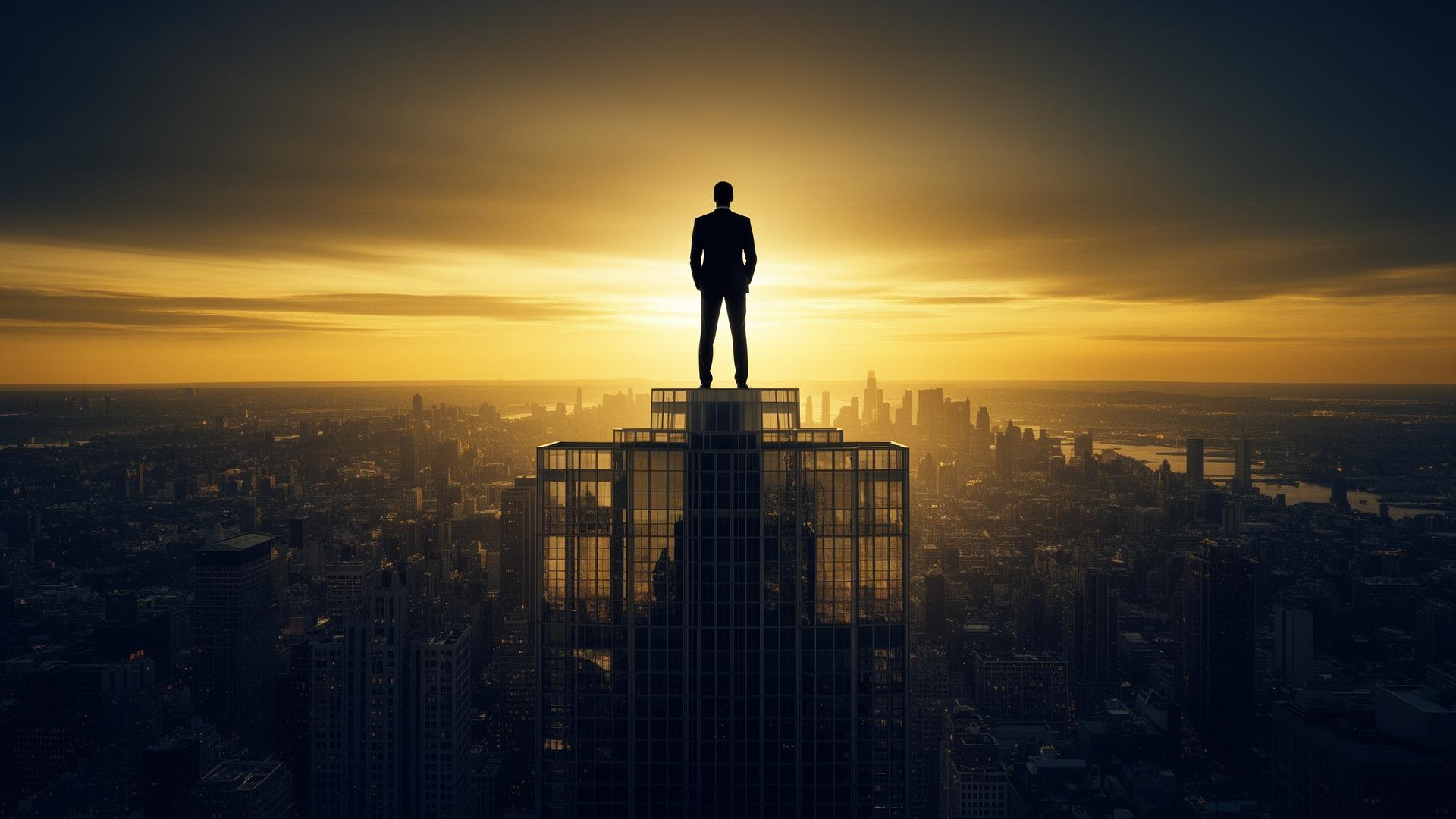 Silhouette of a businessman standing atop a skyscraper overlooking a city at golden hour, representing the multimillionaire mindset