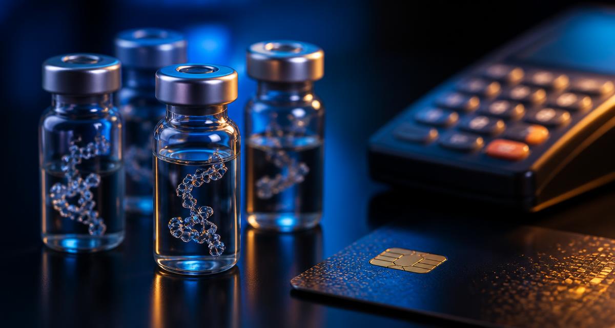 Research peptide vials beside a card terminal and payment card under blue and amber light